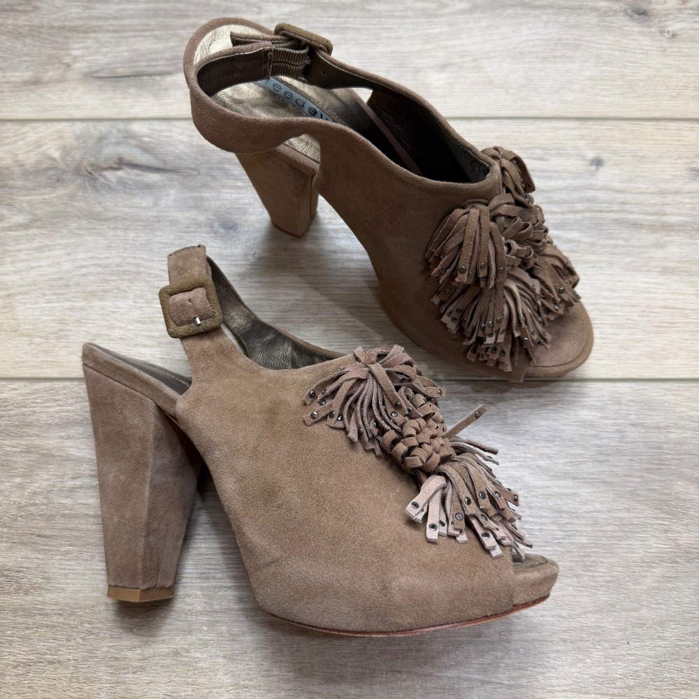 Reed Evins Suede Studded Fringe Slingback PeepToe Heels Boho Coastal Cowgirl 8.5